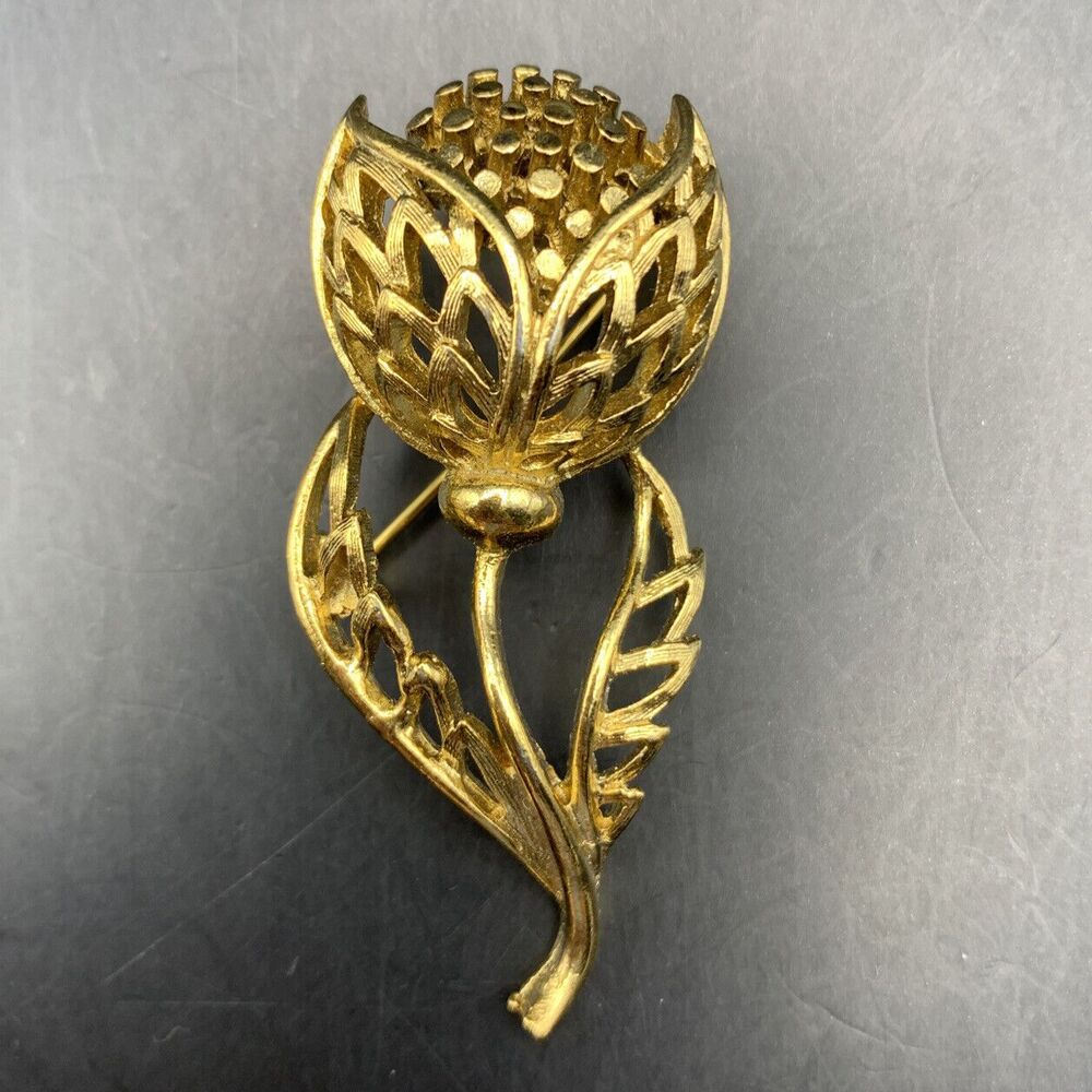 Flower Brooch Pin Gold Tone Elegant Long Stem Open Work Floral Classic Vintage